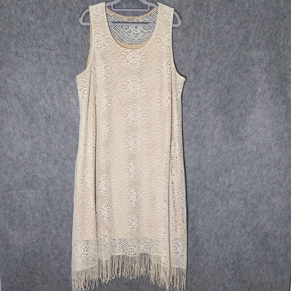 One World Dress XL Crochet Fringe Bohemian Cream Lined Stretch Festival Boho - Picture 1 of 9